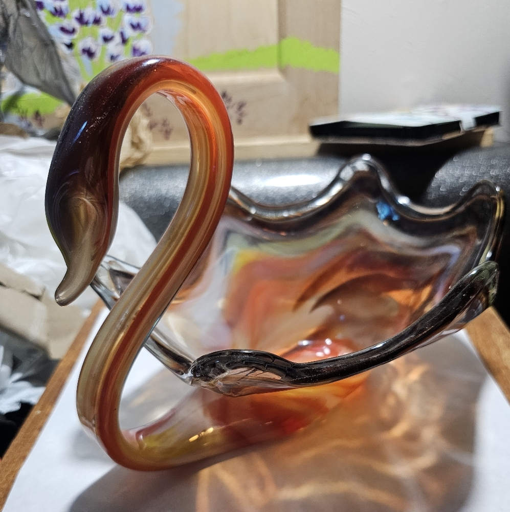 Vintage Rare Red Brown and Orange medium round Swan Bowl